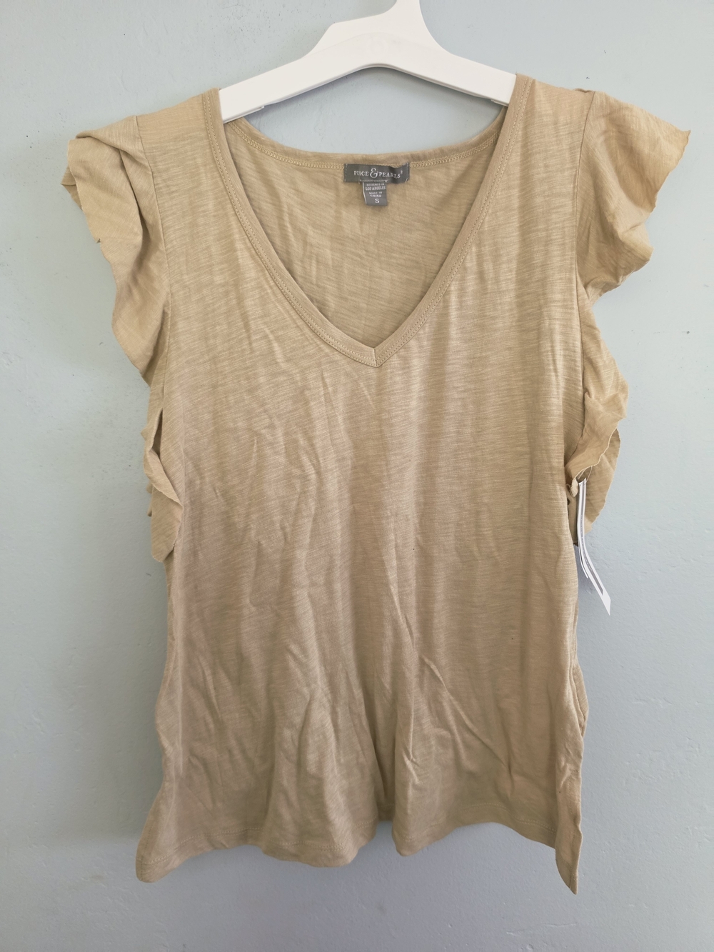 Soft V-Neck Ruffle Sleeve Tank Top in Beige by Nine & Co.